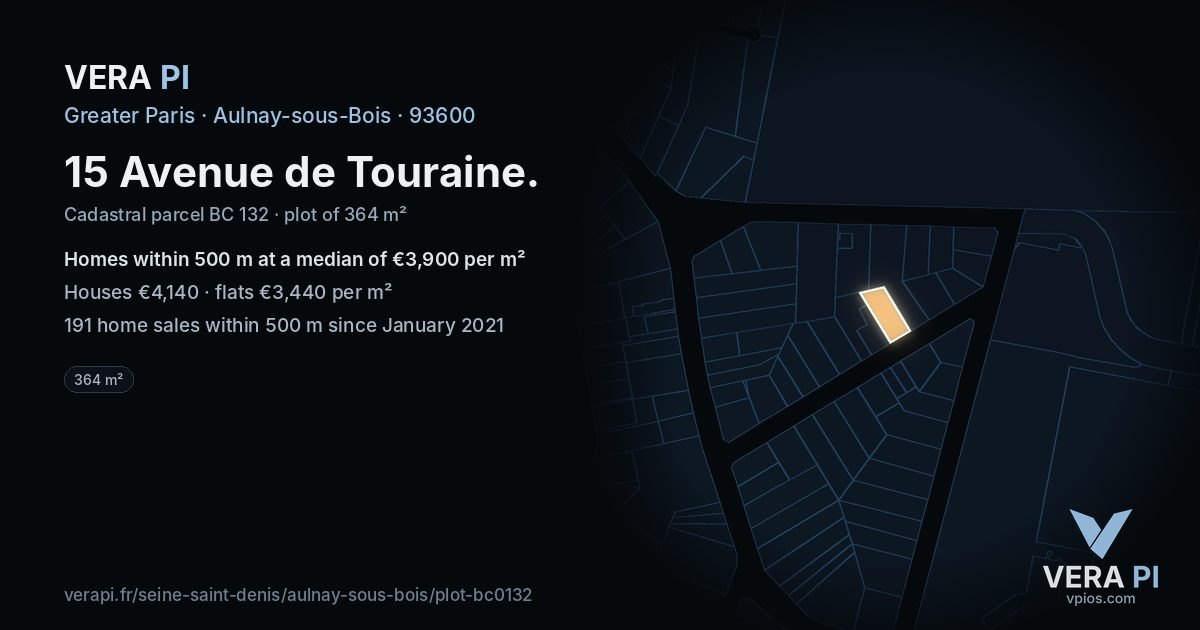 15 Avenue de Touraine, Aulnay-sous-Bois at night – the plot lit, the parcels around coloured by the prices near them