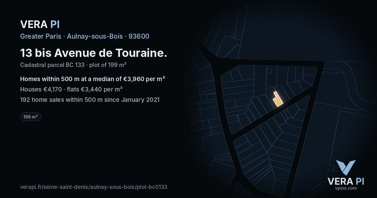 13 bis Avenue de Touraine, Aulnay-sous-Bois at night – the plot lit, the parcels around coloured by the prices near them