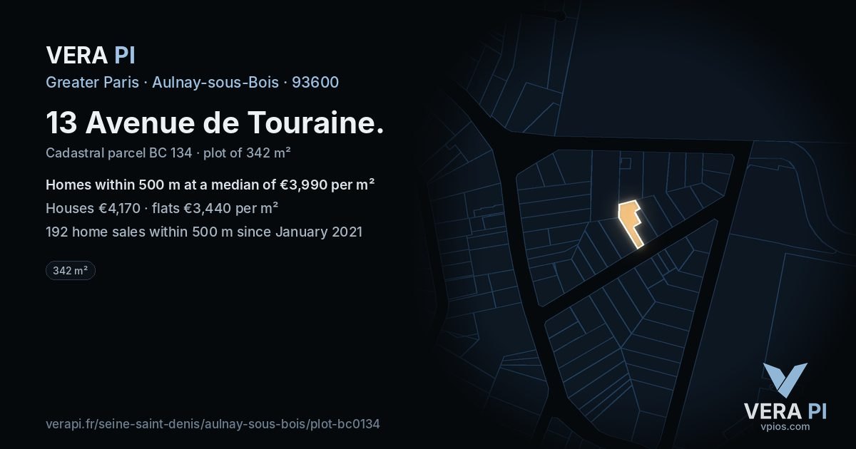 13 Avenue de Touraine, Aulnay-sous-Bois at night – the plot lit, the parcels around coloured by the prices near them