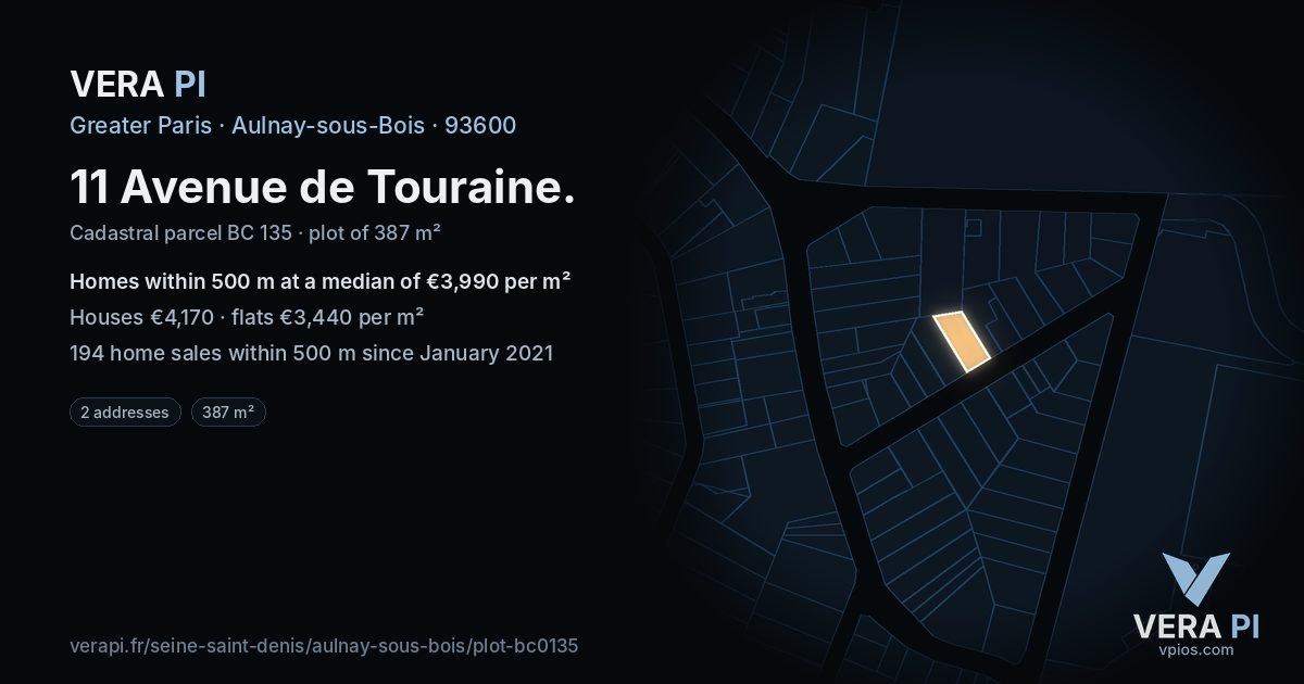 11 Avenue de Touraine, Aulnay-sous-Bois at night – the plot lit, the parcels around coloured by the prices near them