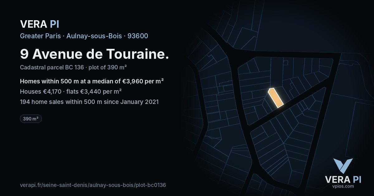 9 Avenue de Touraine, Aulnay-sous-Bois at night – the plot lit, the parcels around coloured by the prices near them