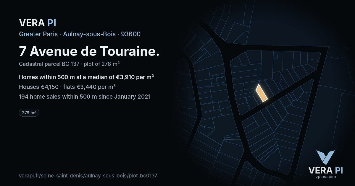 7 Avenue de Touraine, Aulnay-sous-Bois at night – the plot lit, the parcels around coloured by the prices near them