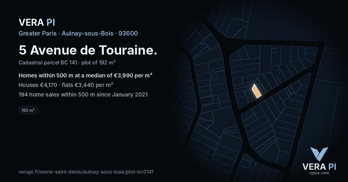 5 Avenue de Touraine, Aulnay-sous-Bois at night – the plot lit, the parcels around coloured by the prices near them