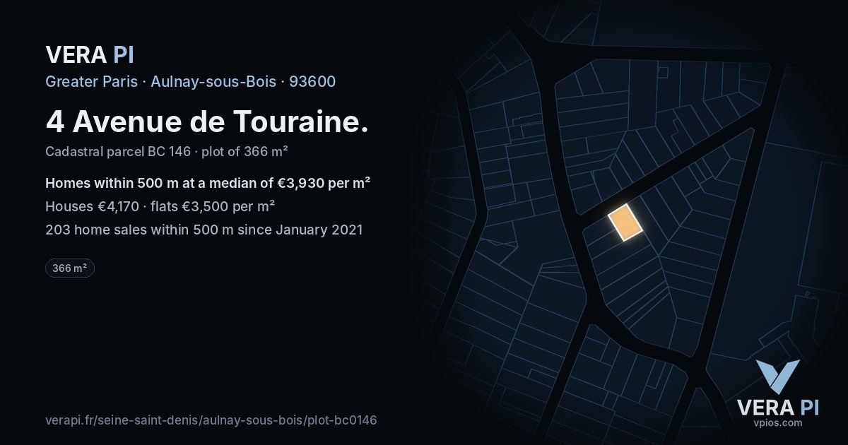 4 Avenue de Touraine, Aulnay-sous-Bois at night – the plot lit, the parcels around coloured by the prices near them