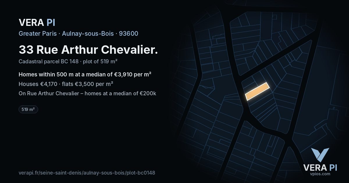 33 Rue Arthur Chevalier, Aulnay-sous-Bois at night – the plot lit, the parcels around coloured by the prices near them