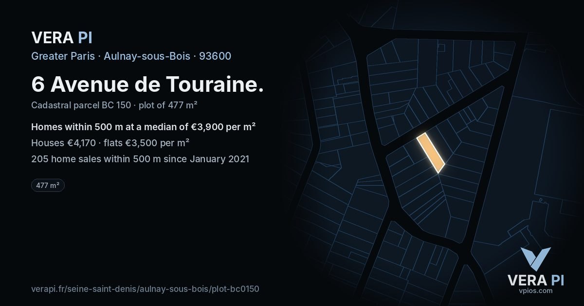 6 Avenue de Touraine, Aulnay-sous-Bois at night – the plot lit, the parcels around coloured by the prices near them