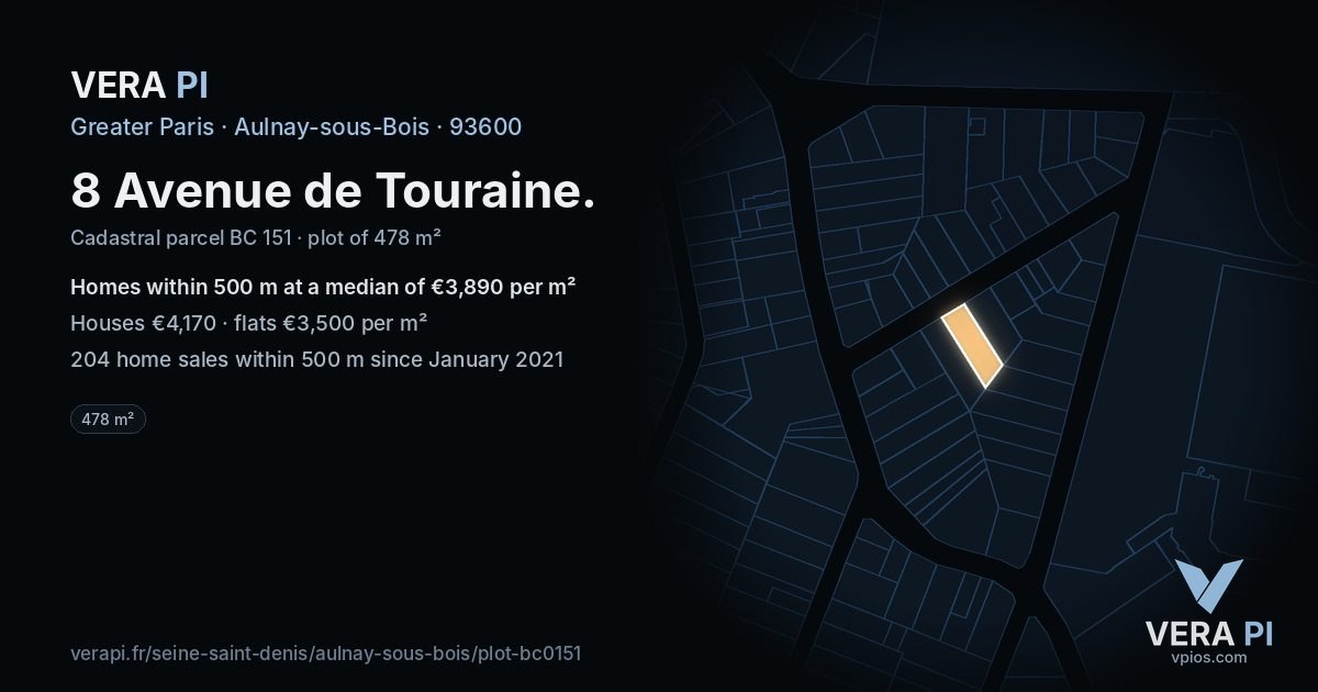 8 Avenue de Touraine, Aulnay-sous-Bois at night – the plot lit, the parcels around coloured by the prices near them