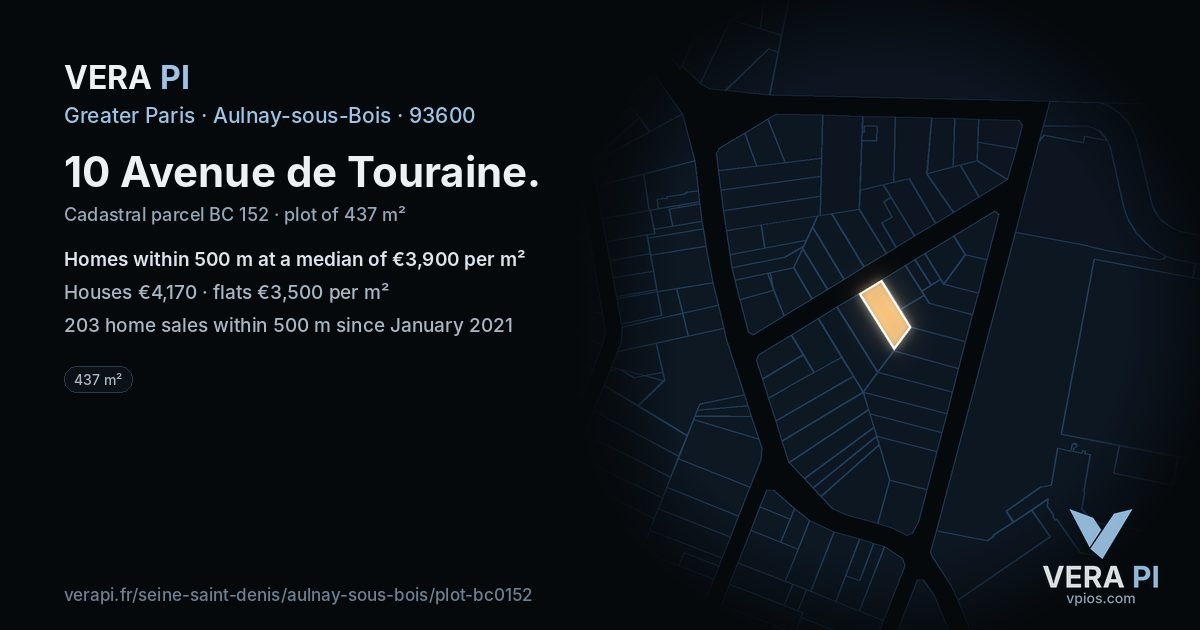 10 Avenue de Touraine, Aulnay-sous-Bois at night – the plot lit, the parcels around coloured by the prices near them