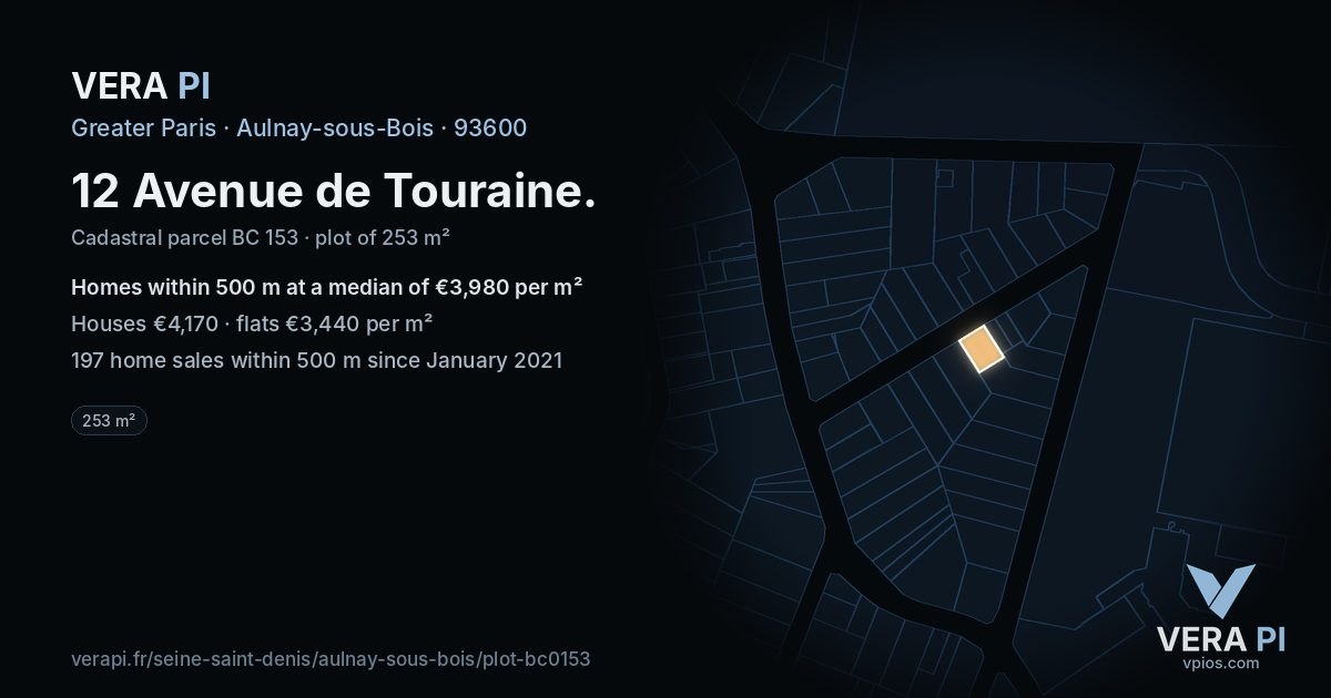 12 Avenue de Touraine, Aulnay-sous-Bois at night – the plot lit, the parcels around coloured by the prices near them