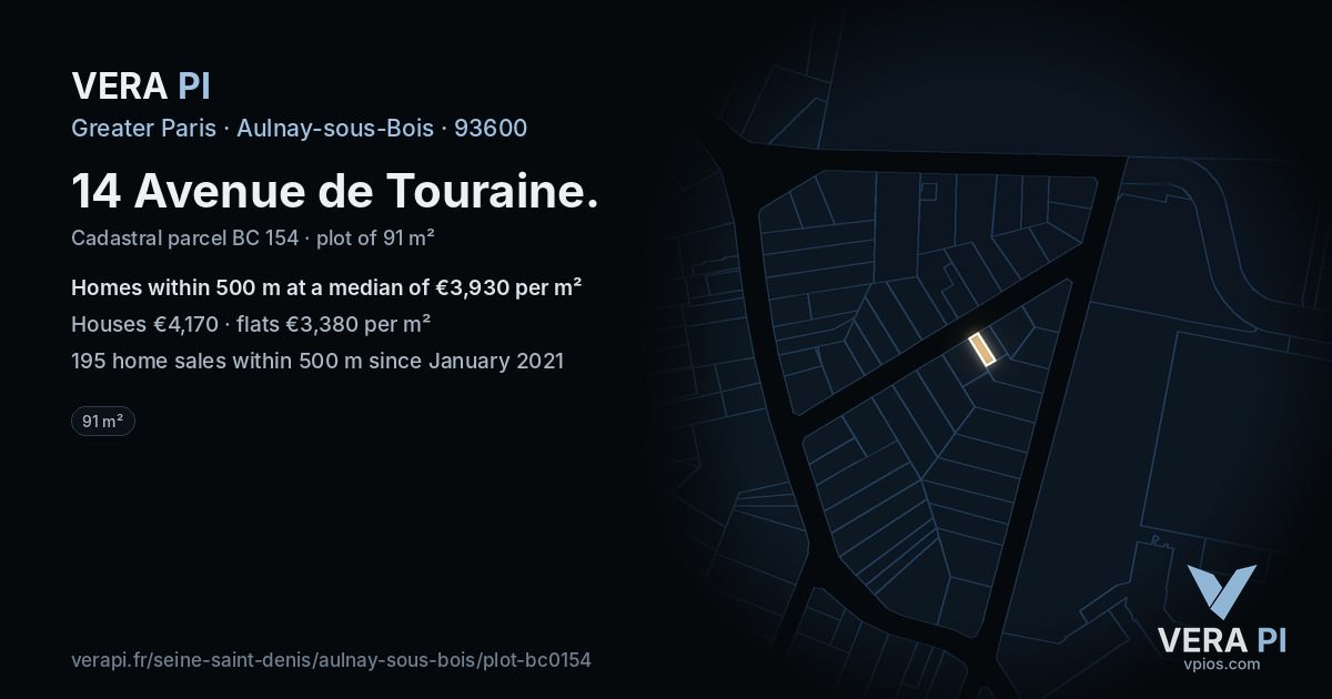 14 Avenue de Touraine, Aulnay-sous-Bois at night – the plot lit, the parcels around coloured by the prices near them