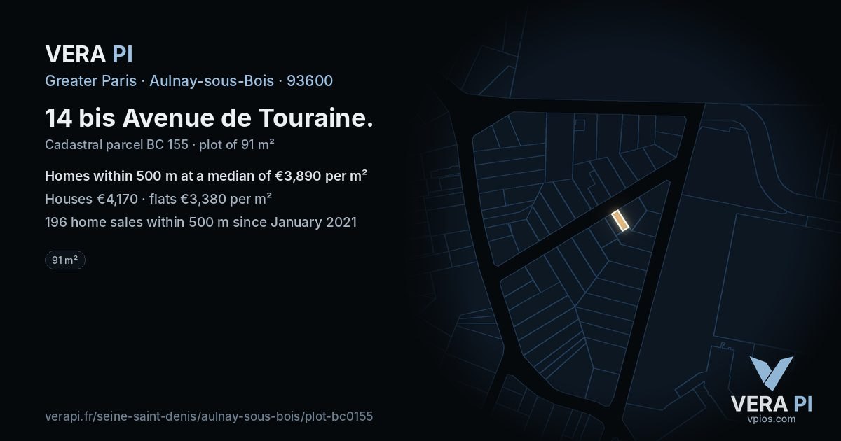 14 bis Avenue de Touraine, Aulnay-sous-Bois at night – the plot lit, the parcels around coloured by the prices near them