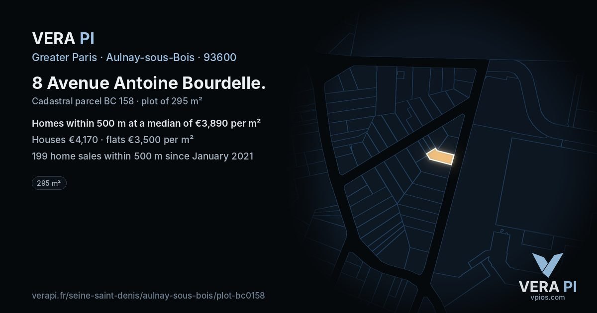 8 Avenue Antoine Bourdelle, Aulnay-sous-Bois at night – the plot lit, the parcels around coloured by the prices near them