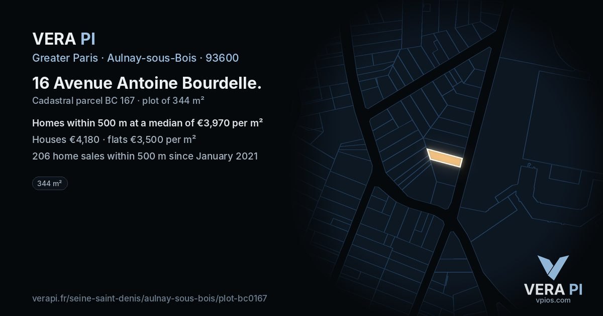 16 Avenue Antoine Bourdelle, Aulnay-sous-Bois at night – the plot lit, the parcels around coloured by the prices near them