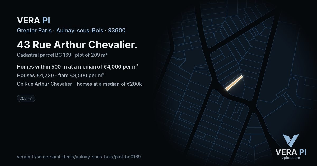43 Rue Arthur Chevalier, Aulnay-sous-Bois at night – the plot lit, the parcels around coloured by the prices near them