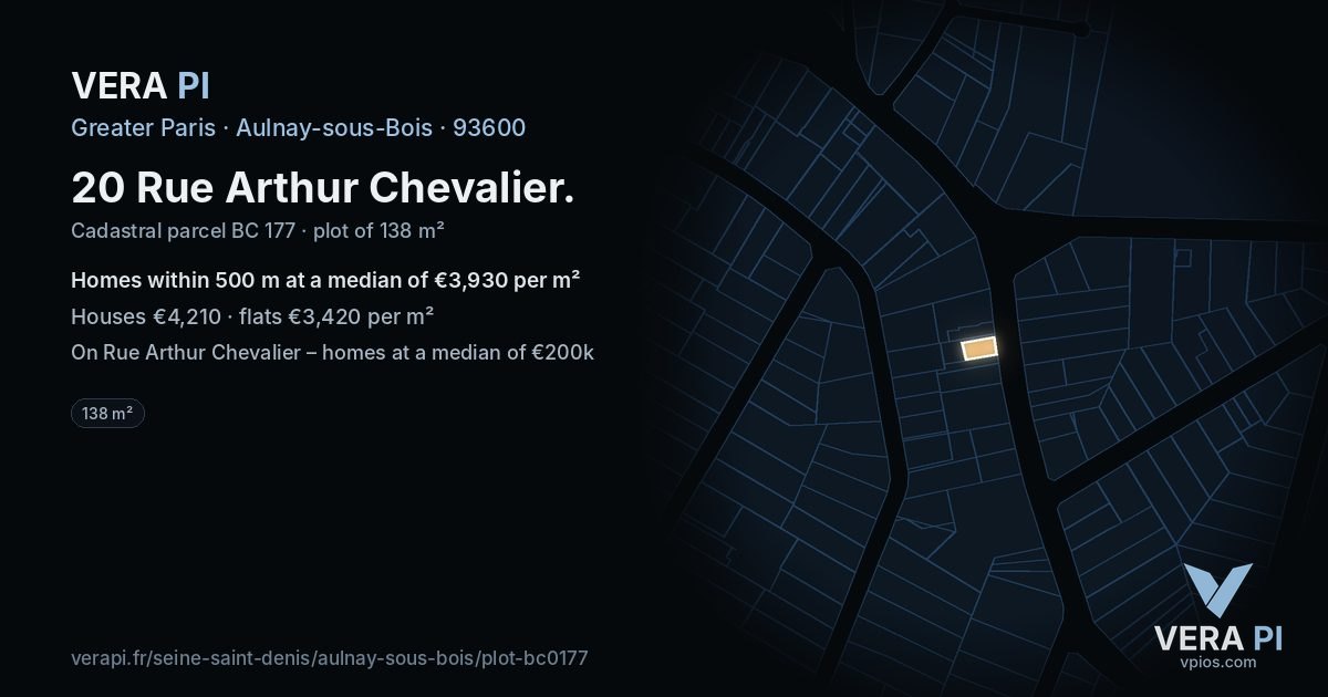 20 Rue Arthur Chevalier, Aulnay-sous-Bois at night – the plot lit, the parcels around coloured by the prices near them