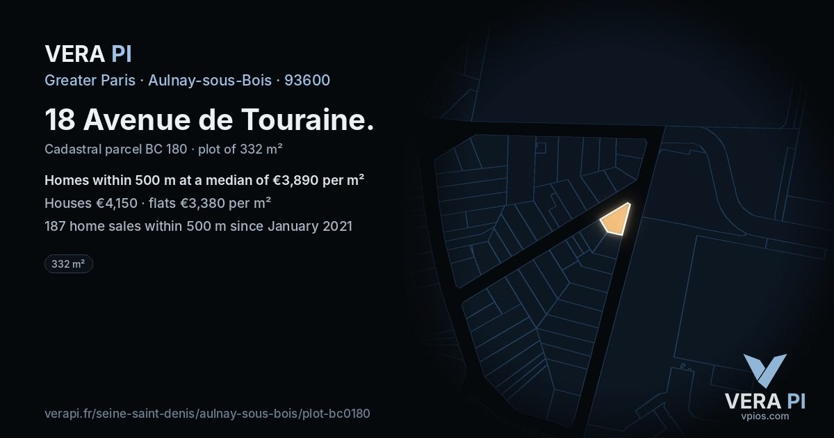 18 Avenue de Touraine, Aulnay-sous-Bois at night – the plot lit, the parcels around coloured by the prices near them