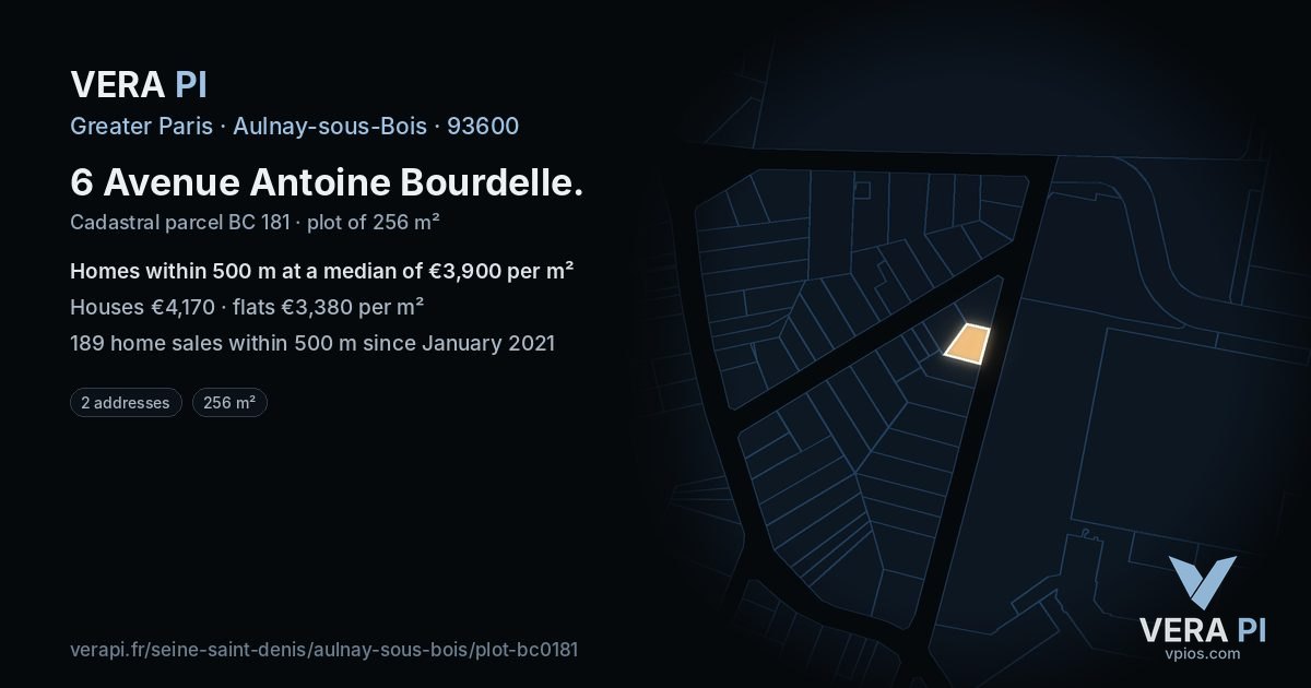6 Avenue Antoine Bourdelle, Aulnay-sous-Bois at night – the plot lit, the parcels around coloured by the prices near them