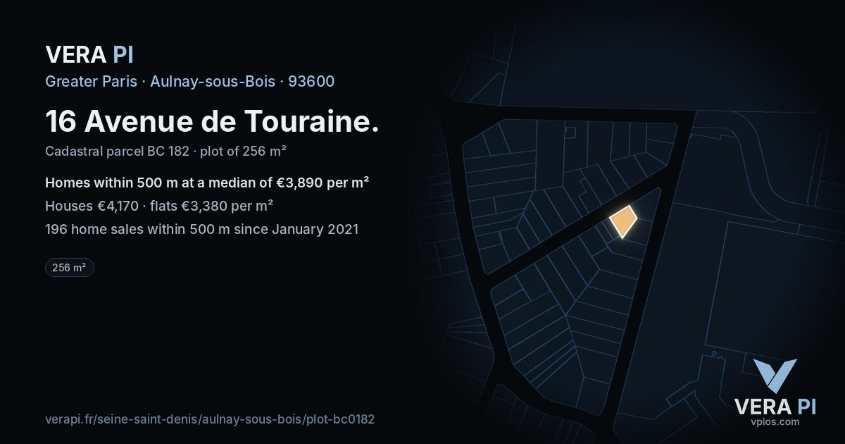 16 Avenue de Touraine, Aulnay-sous-Bois at night – the plot lit, the parcels around coloured by the prices near them