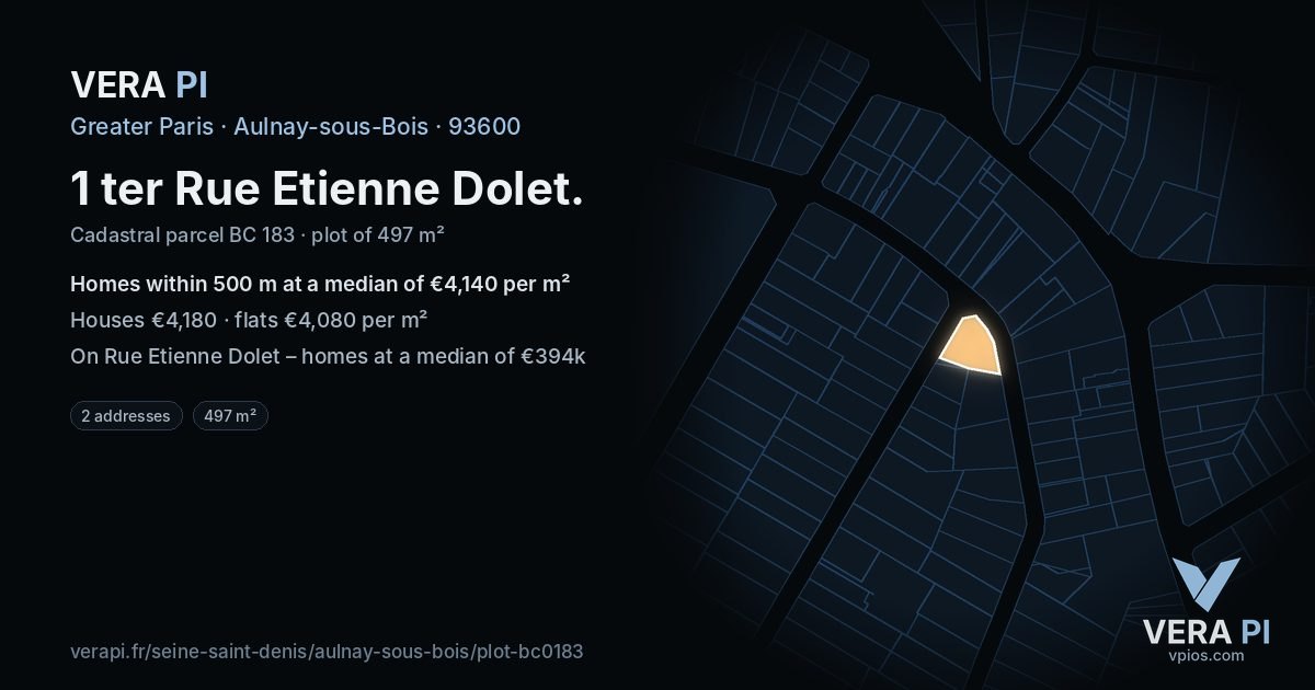 1 ter Rue Etienne Dolet, Aulnay-sous-Bois at night – the plot lit, the parcels around coloured by the prices near them