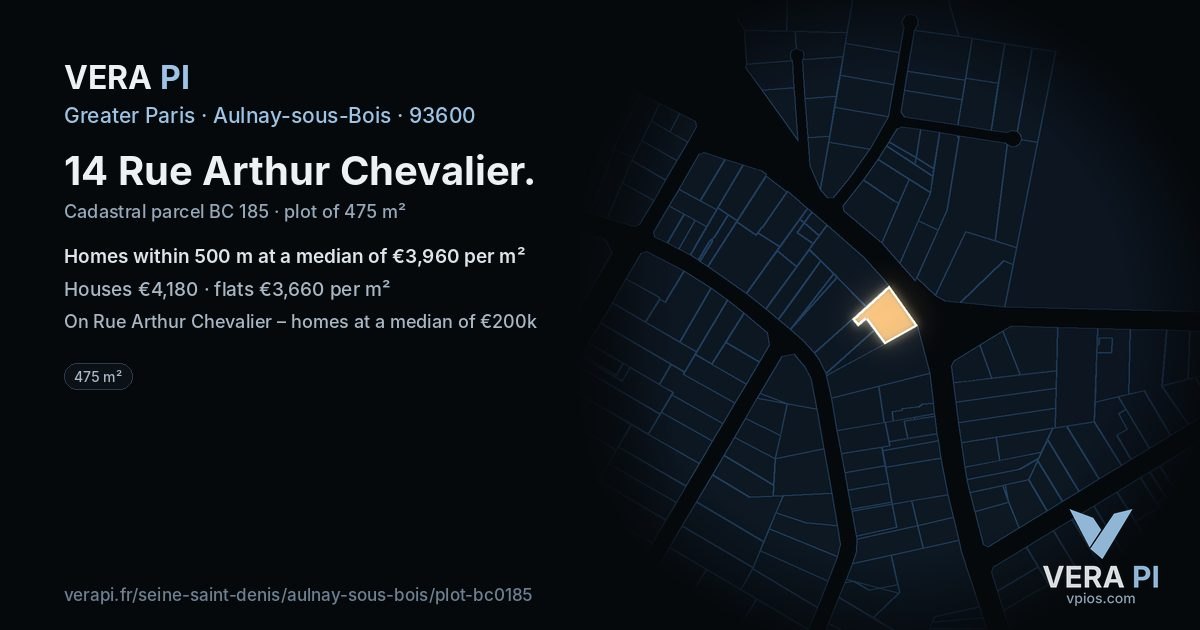 14 Rue Arthur Chevalier, Aulnay-sous-Bois at night – the plot lit, the parcels around coloured by the prices near them