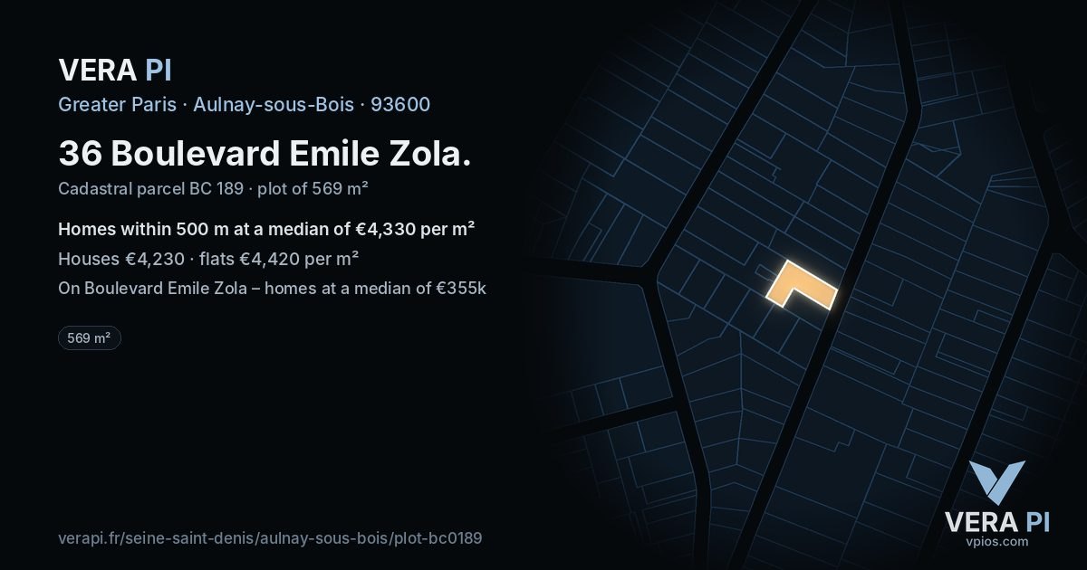 36 Boulevard Emile Zola, Aulnay-sous-Bois at night – the plot lit, the parcels around coloured by the prices near them