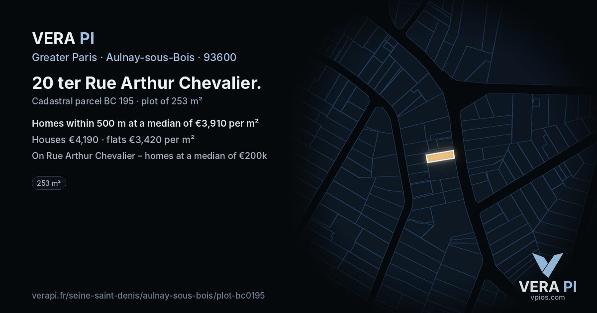 20 ter Rue Arthur Chevalier, Aulnay-sous-Bois at night – the plot lit, the parcels around coloured by the prices near them