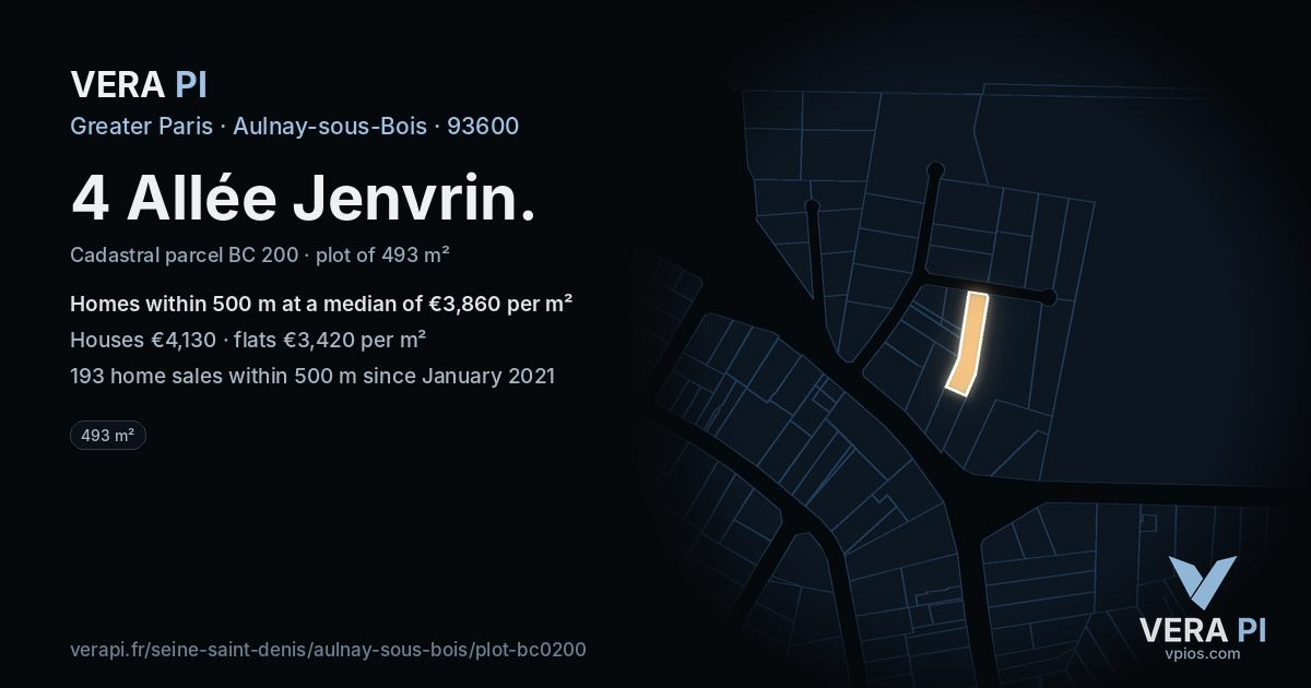 4 Allée Jenvrin, Aulnay-sous-Bois at night – the plot lit, the parcels around coloured by the prices near them
