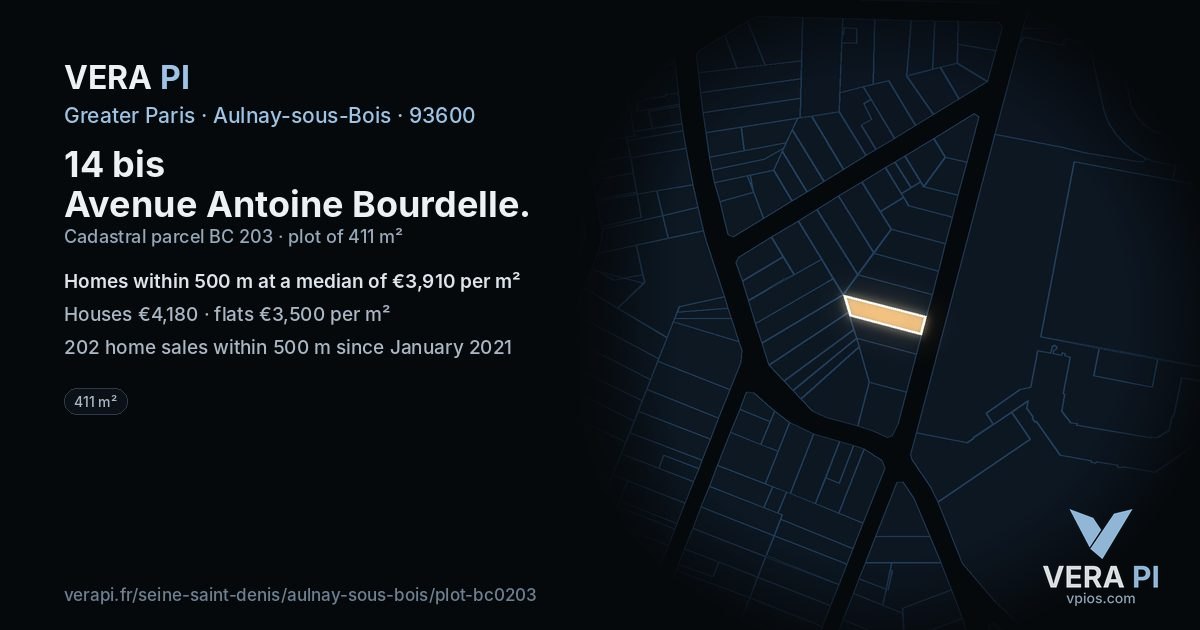 14 bis Avenue Antoine Bourdelle, Aulnay-sous-Bois at night – the plot lit, the parcels around coloured by the prices near them