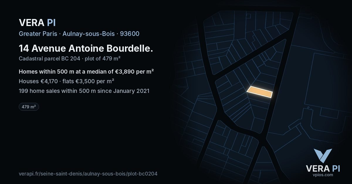 14 Avenue Antoine Bourdelle, Aulnay-sous-Bois at night – the plot lit, the parcels around coloured by the prices near them