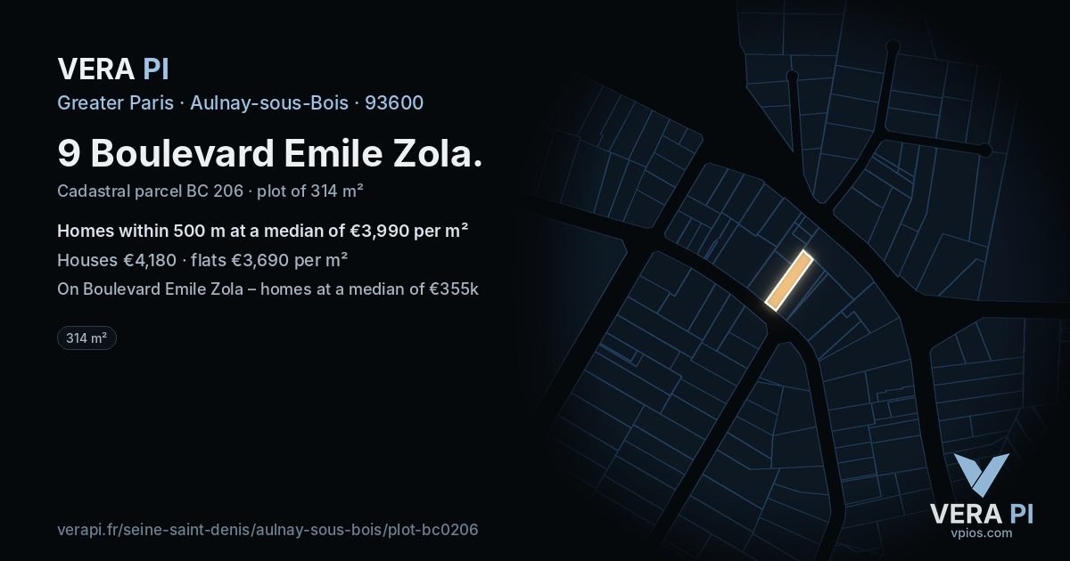 9 Boulevard Emile Zola, Aulnay-sous-Bois at night – the plot lit, the parcels around coloured by the prices near them