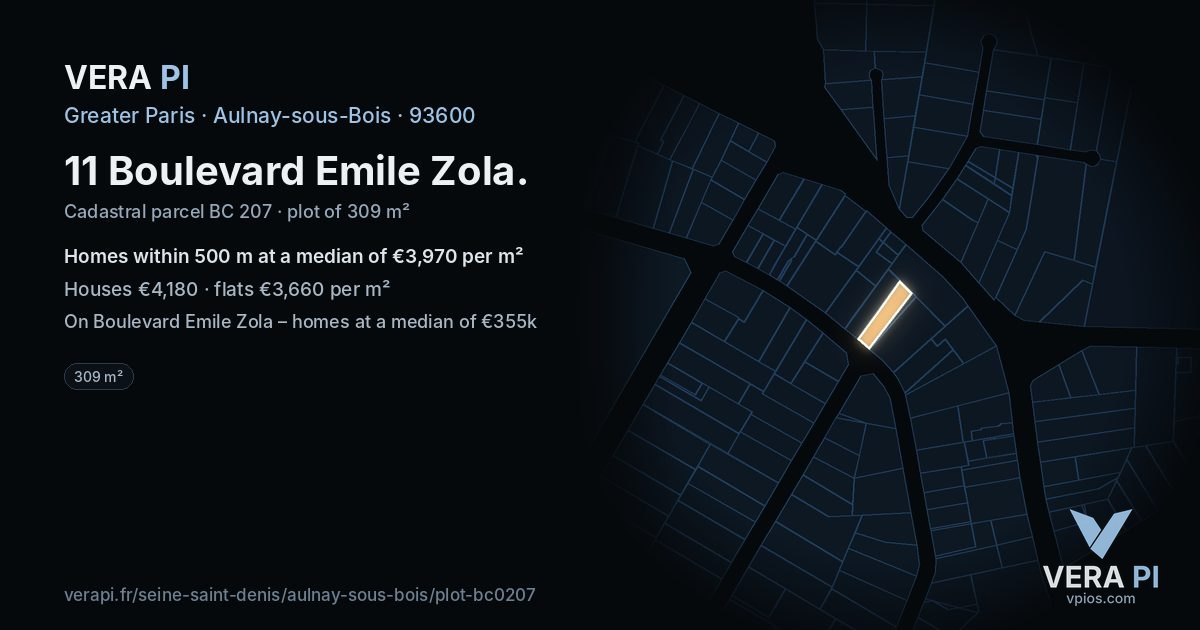 11 Boulevard Emile Zola, Aulnay-sous-Bois at night – the plot lit, the parcels around coloured by the prices near them