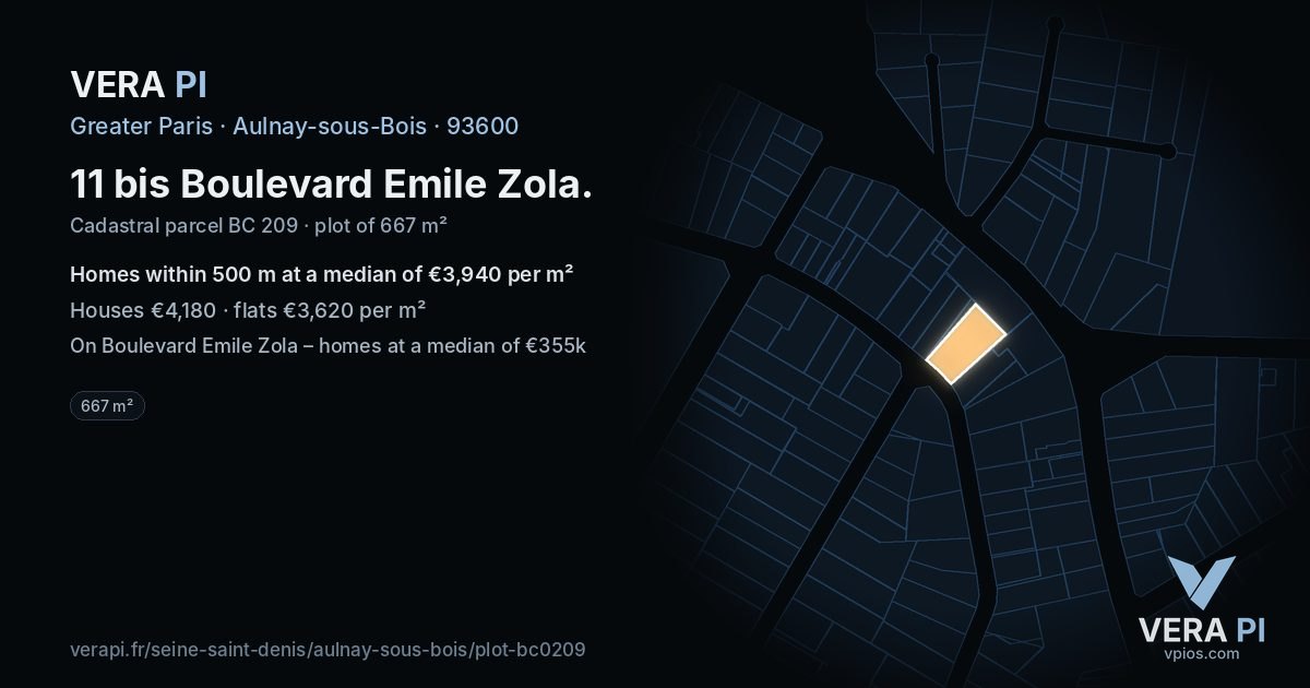 11 bis Boulevard Emile Zola, Aulnay-sous-Bois at night – the plot lit, the parcels around coloured by the prices near them