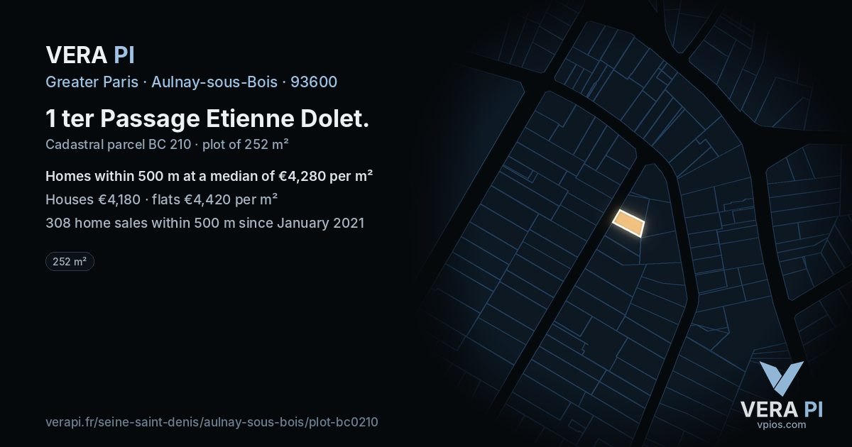 1 ter Passage Etienne Dolet, Aulnay-sous-Bois at night – the plot lit, the parcels around coloured by the prices near them