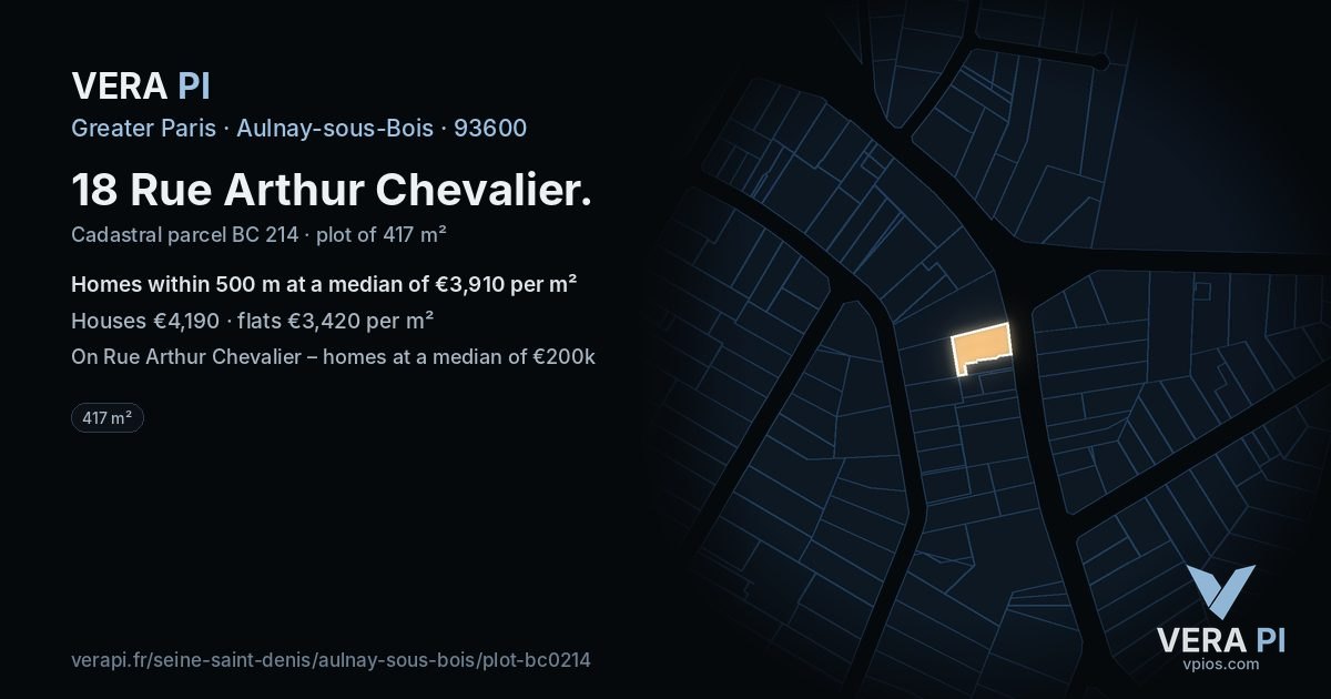 18 Rue Arthur Chevalier, Aulnay-sous-Bois at night – the plot lit, the parcels around coloured by the prices near them