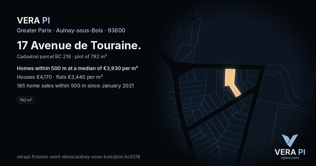 17 Avenue de Touraine, Aulnay-sous-Bois at night – the plot lit, the parcels around coloured by the prices near them