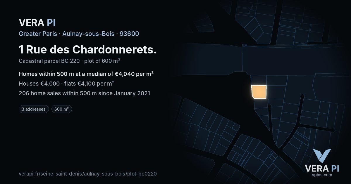 1 Rue des Chardonnerets, Aulnay-sous-Bois at night – the plot lit, the parcels around coloured by the prices near them