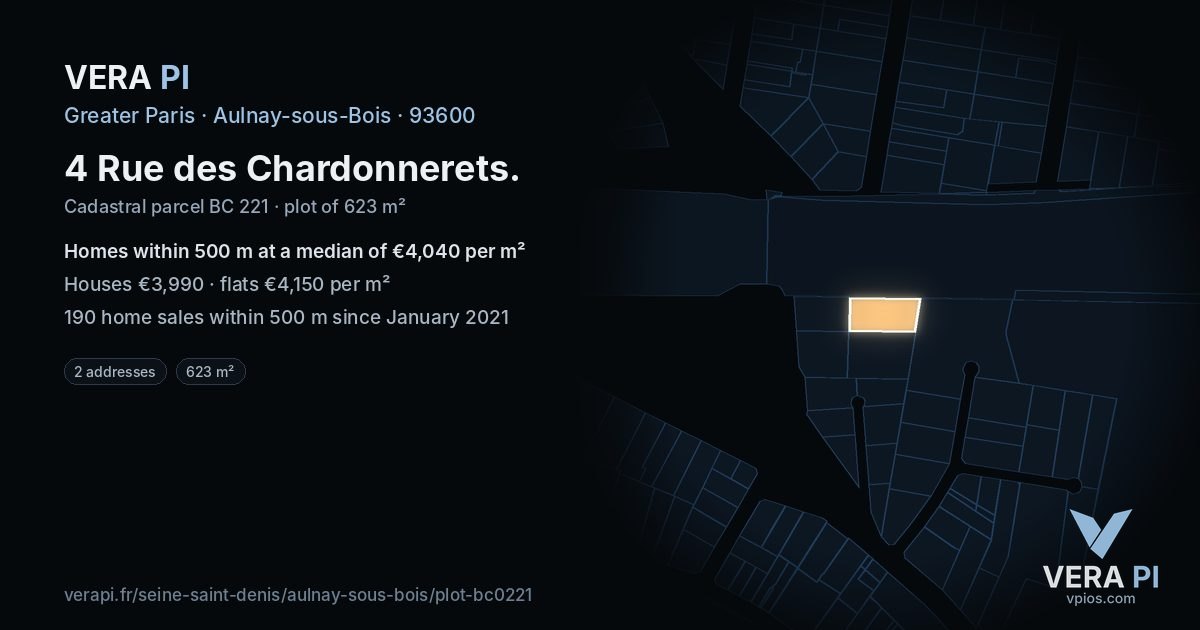 4 Rue des Chardonnerets, Aulnay-sous-Bois at night – the plot lit, the parcels around coloured by the prices near them