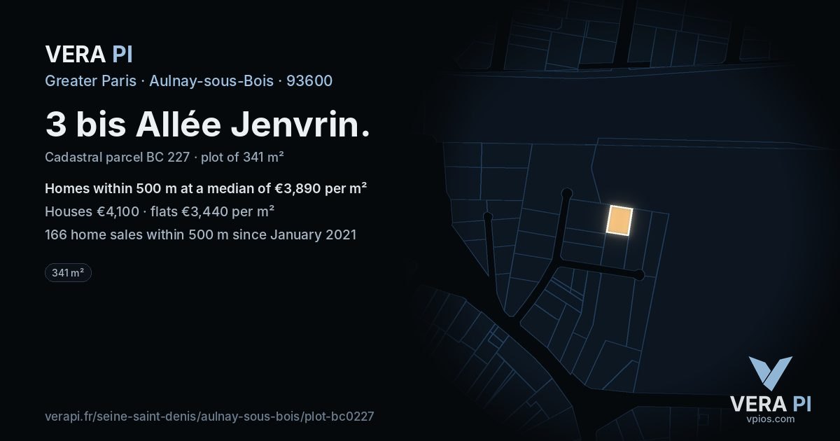 3 bis Allée Jenvrin, Aulnay-sous-Bois at night – the plot lit, the parcels around coloured by the prices near them