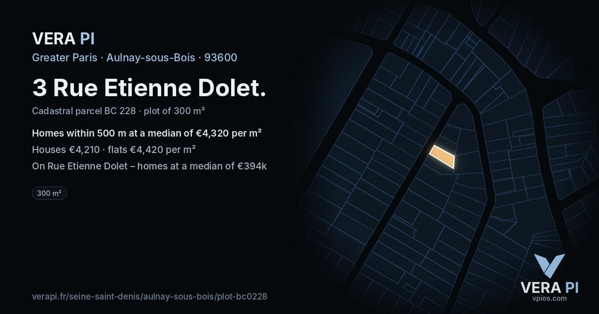 3 Rue Etienne Dolet, Aulnay-sous-Bois at night – the plot lit, the parcels around coloured by the prices near them