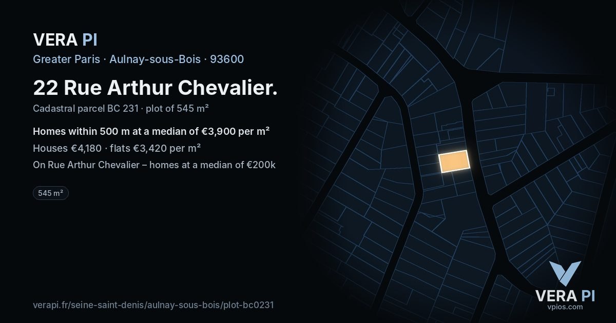 22 Rue Arthur Chevalier, Aulnay-sous-Bois at night – the plot lit, the parcels around coloured by the prices near them