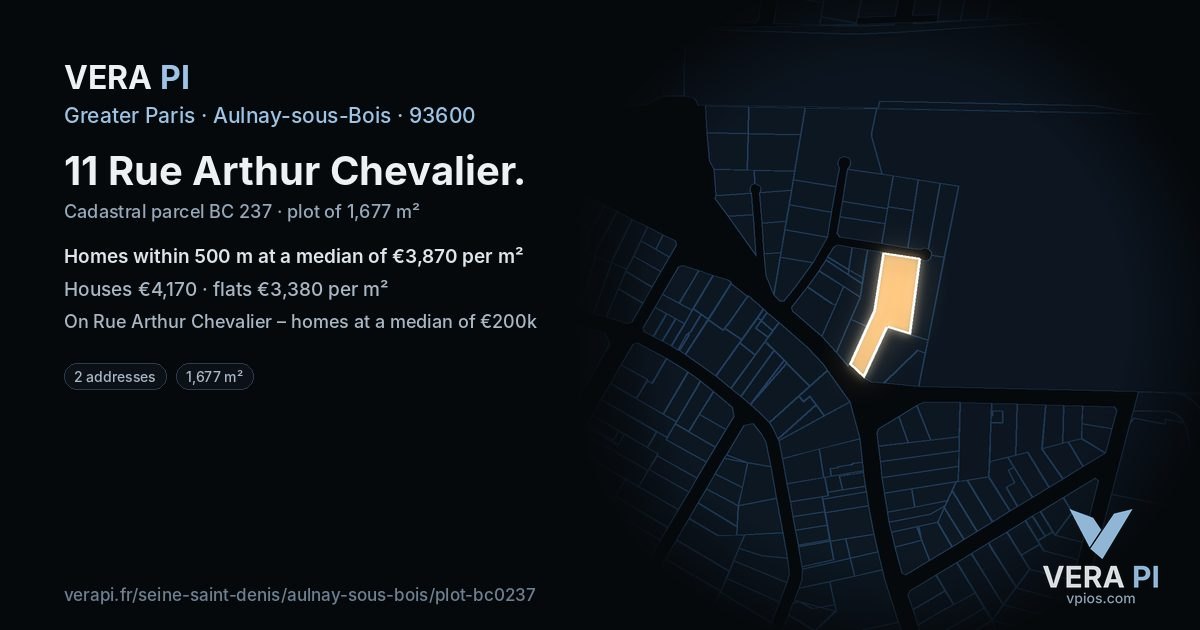 11 Rue Arthur Chevalier, Aulnay-sous-Bois at night – the plot lit, the parcels around coloured by the prices near them