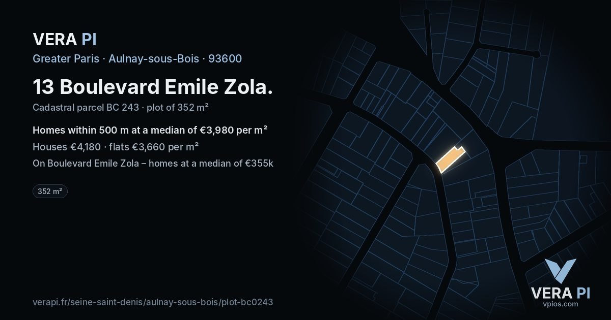 13 Boulevard Emile Zola, Aulnay-sous-Bois at night – the plot lit, the parcels around coloured by the prices near them