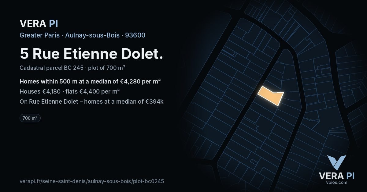 5 Rue Etienne Dolet, Aulnay-sous-Bois at night – the plot lit, the parcels around coloured by the prices near them