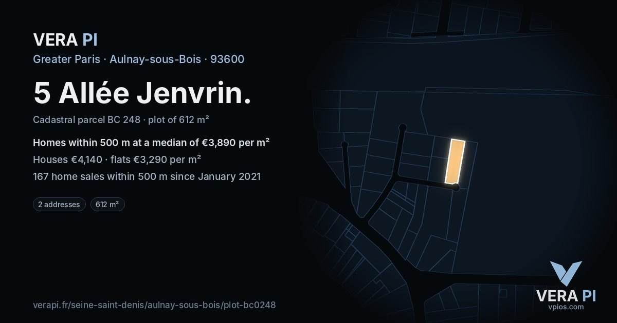 5 Allée Jenvrin, Aulnay-sous-Bois at night – the plot lit, the parcels around coloured by the prices near them