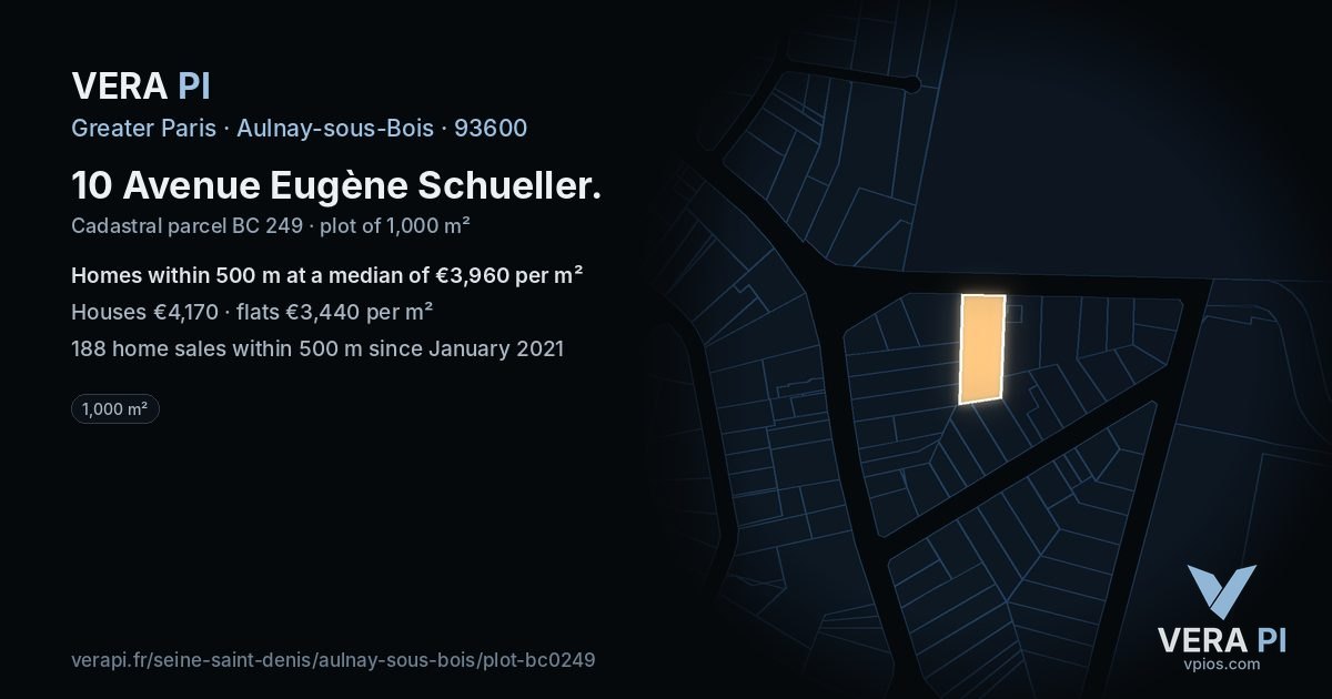 10 Avenue Eugène Schueller, Aulnay-sous-Bois at night – the plot lit, the parcels around coloured by the prices near them