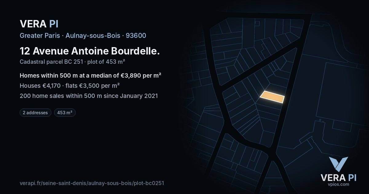 12 Avenue Antoine Bourdelle, Aulnay-sous-Bois at night – the plot lit, the parcels around coloured by the prices near them