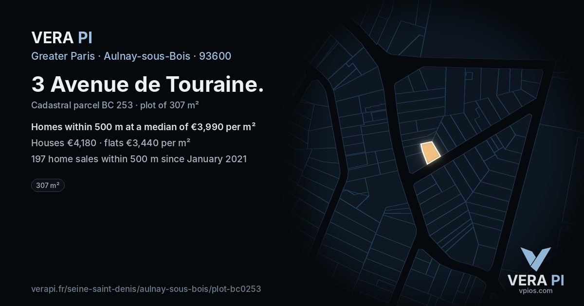 3 Avenue de Touraine, Aulnay-sous-Bois at night – the plot lit, the parcels around coloured by the prices near them