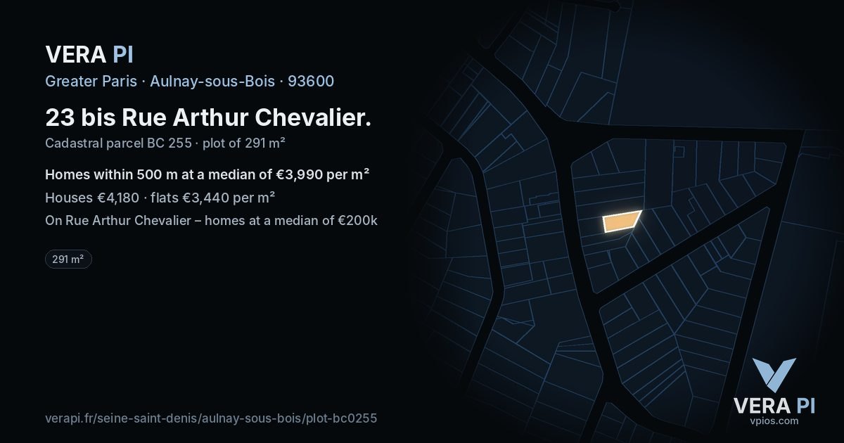 23 bis Rue Arthur Chevalier, Aulnay-sous-Bois at night – the plot lit, the parcels around coloured by the prices near them