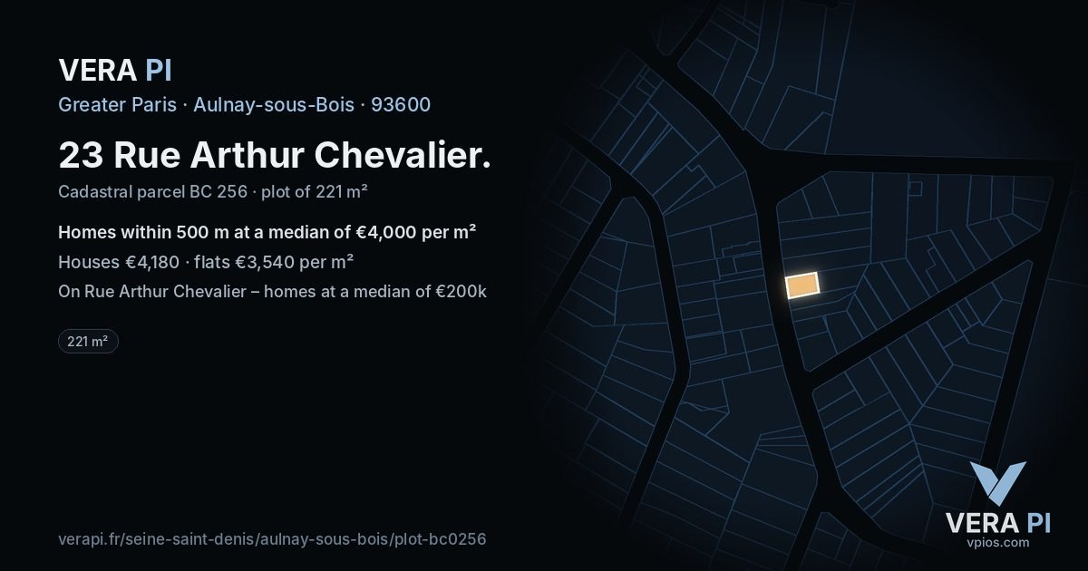 23 Rue Arthur Chevalier, Aulnay-sous-Bois at night – the plot lit, the parcels around coloured by the prices near them