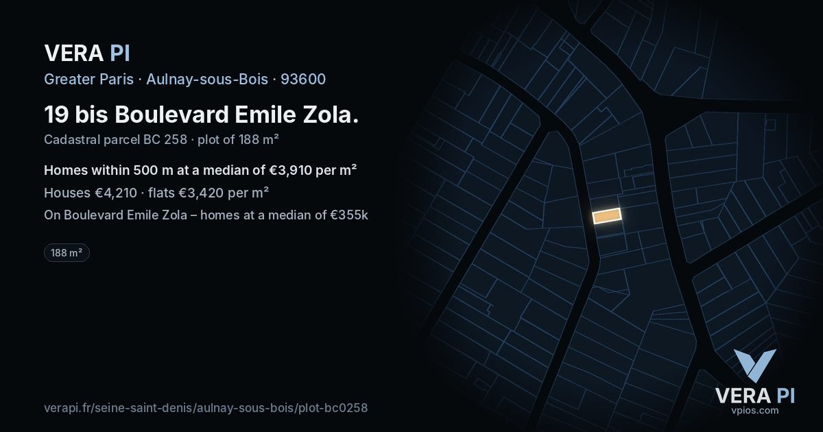 19 bis Boulevard Emile Zola, Aulnay-sous-Bois at night – the plot lit, the parcels around coloured by the prices near them
